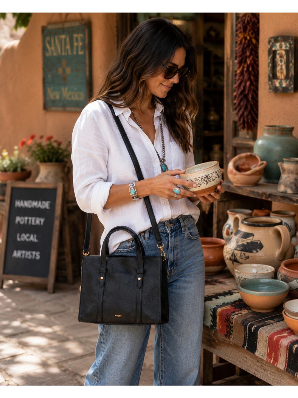 Fossil Black Pebbled Leather Structured Crossbody Satchel Tote